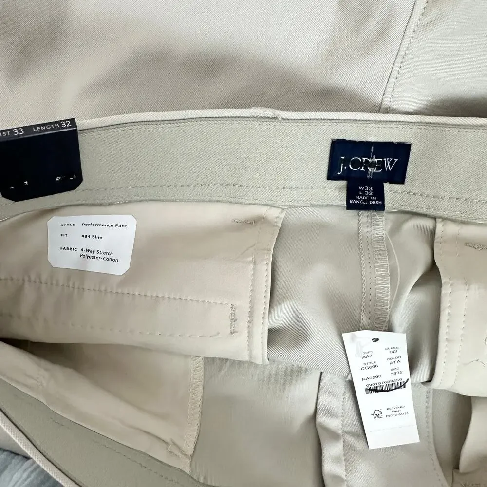 J.Crew 484 Slim Fit Tech Pant Ashen Taupe Cotton Blend Mens W 33 L 32 NWT